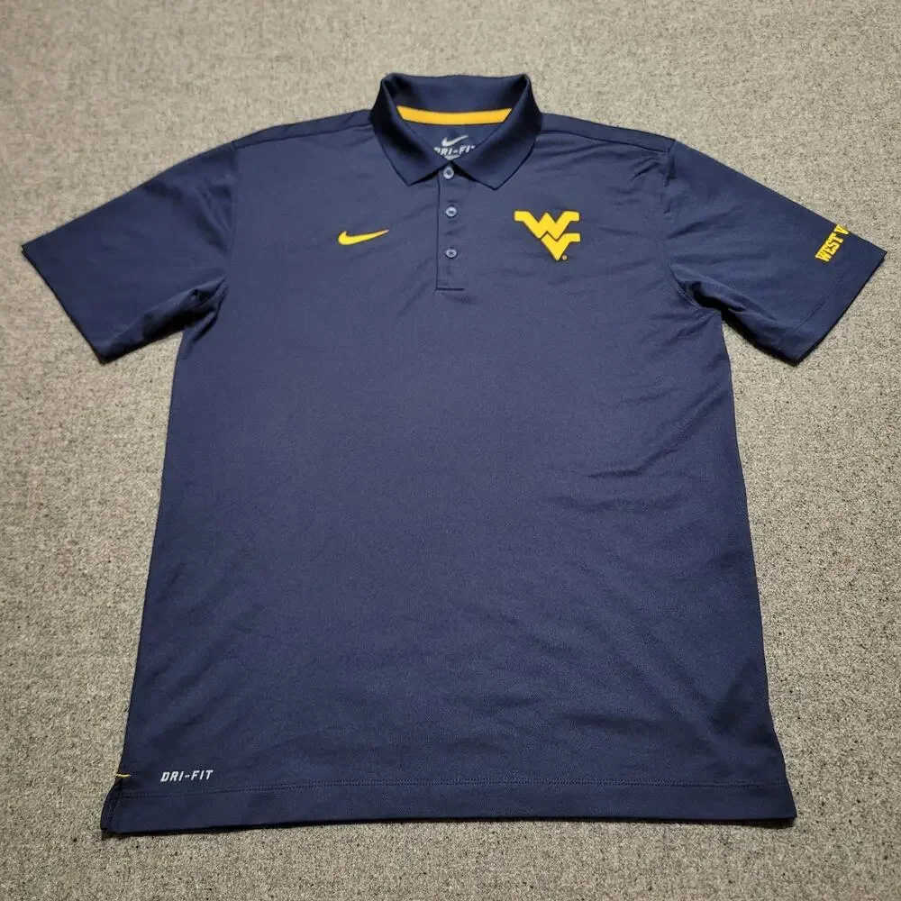 Nike West Virginia Mountaineers Shirt Mens Medium Navy Gold Dri Fit Golf Polo